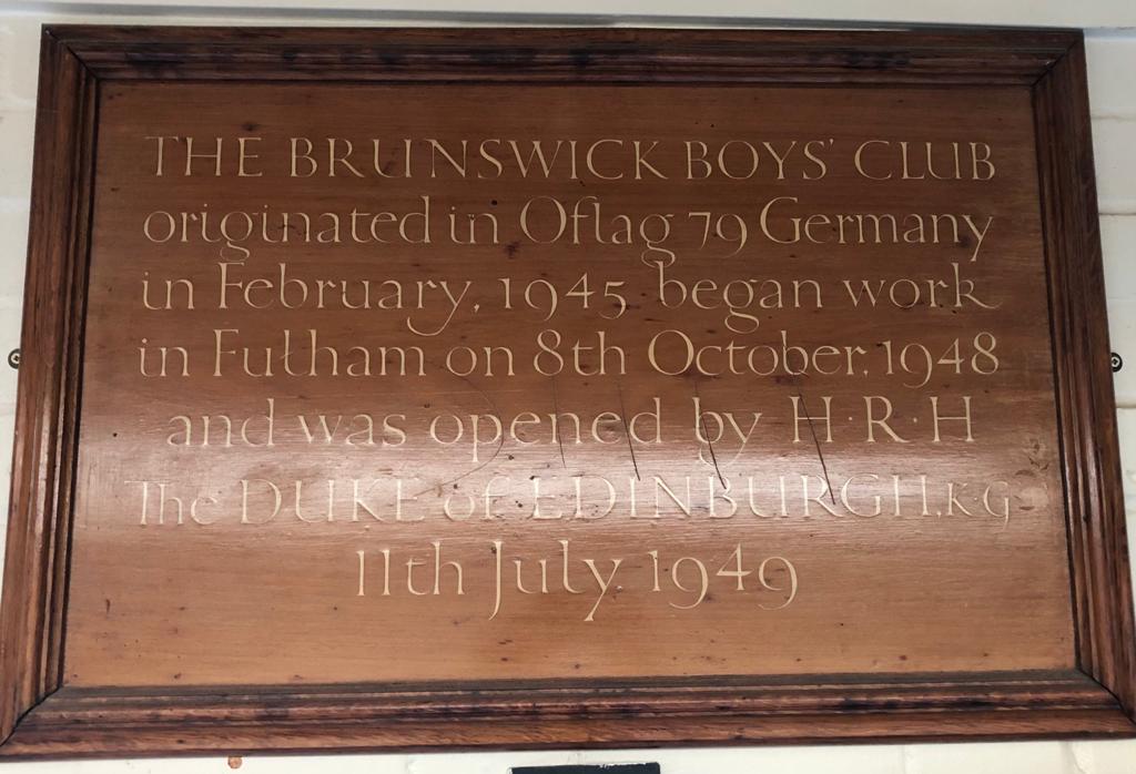 Plaque commemorating the official opening of The Brunswick Club by Prince Philip in July 1949